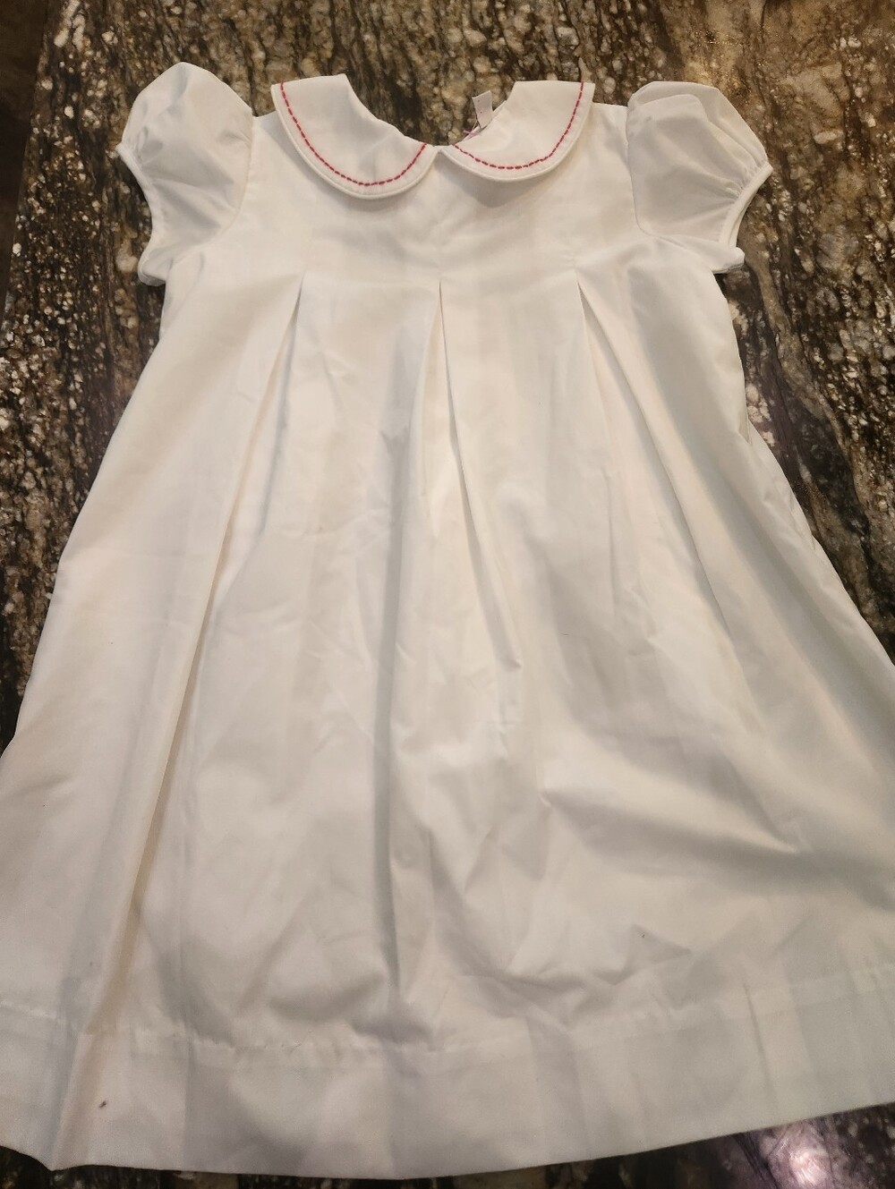 Classic White Girls' Pleated Dress with Red Trim Collar